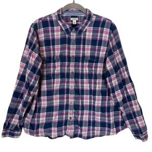 L.L. Bean Flannel Shirt Women XL Blue Pink Scotch Plaid Relaxed Casual Button-Up